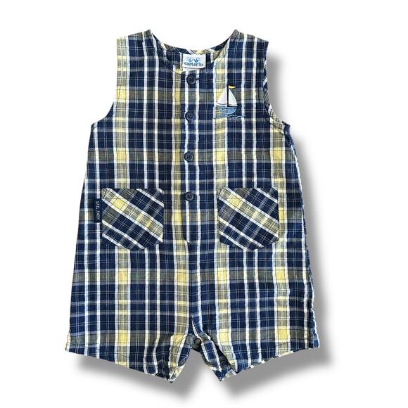 Carter’s Vintage Plaid Embroidered Sailboat Romper Boys Size 18M Blue Yellow - Picture 1 of 10